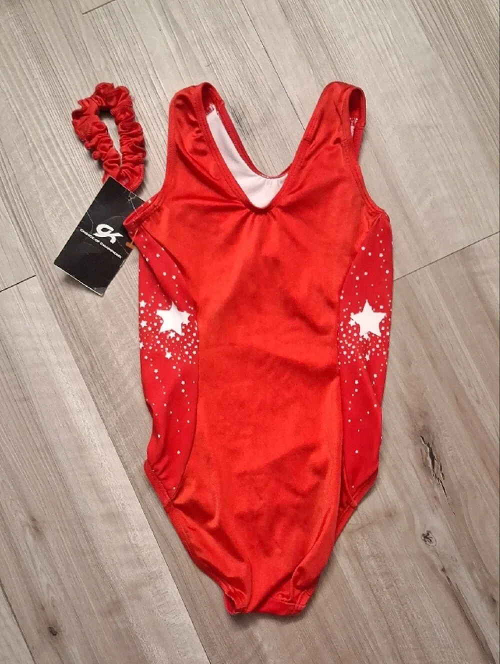 GK Red Star-Print Gymnastics Leotard with Scrunchie Size Child Medium (L)